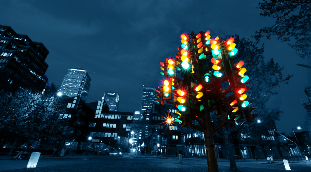 Pierre Vivant's sculpture, Traffic Light Tree in the Docklands, London